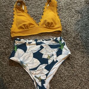 Yellow Scallop Bikini Top and Floral High-Waist Bottom